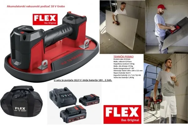 FLEX aku vakuumski podizač Grabo VLP 18.0 C — nosivost 130 kg, 2 baterije 2,5 Ah i punjač