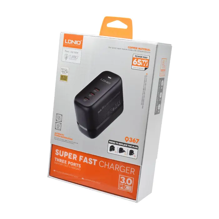 Kućni punjač brzi LDNIO Q367 65W gan 3* tip C + kabel tip C na tip C crni