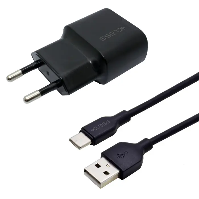Kućni punjač +CLASS USB 2.1A 10W +usb kabel tip C crni bulk