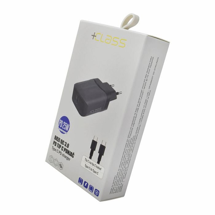 Kućni punjač +CLASS USB-C PD 25W brzi + kabel tip C na tip C crni