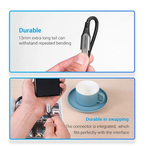 Kabel tip C na tip C 3.1 20V 3A PD 60W 4K Vention 1.5 m pleteni taahg alu crni