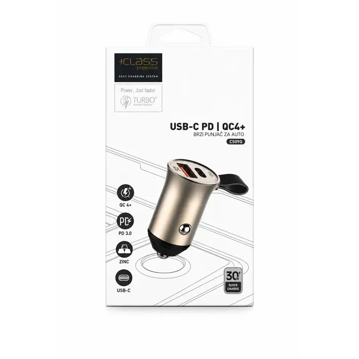 Auto punjač +CLASS C509Q brzi QC4+ i PD 30 W + kabel USB-C na USB-C