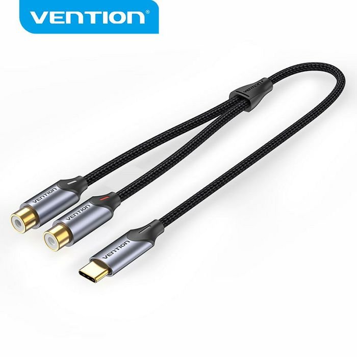 Audio kabel tip C muški na 2 rca ženska Vention 1 m pleteni bgvhf sivi