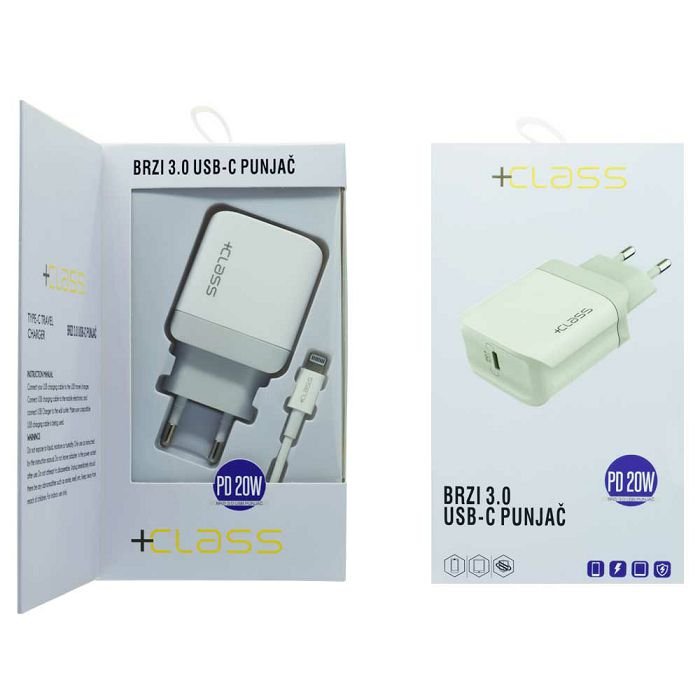 Kućni punjač +CLASS za ap iPhone USB-C PD 20W brzi+ tip C na Lightning bijeli