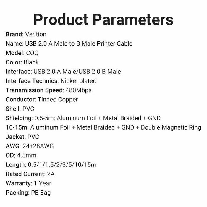 USB kabel za printer muški USB-B na USB-A 2.0 Vention 2 m coqbh pvc crni