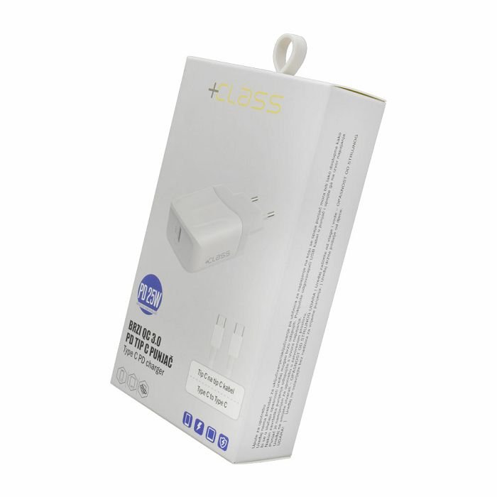 Kućni punjač +CLASS USB-C PD 25W brzi + kabel tip C na tip C bijeli