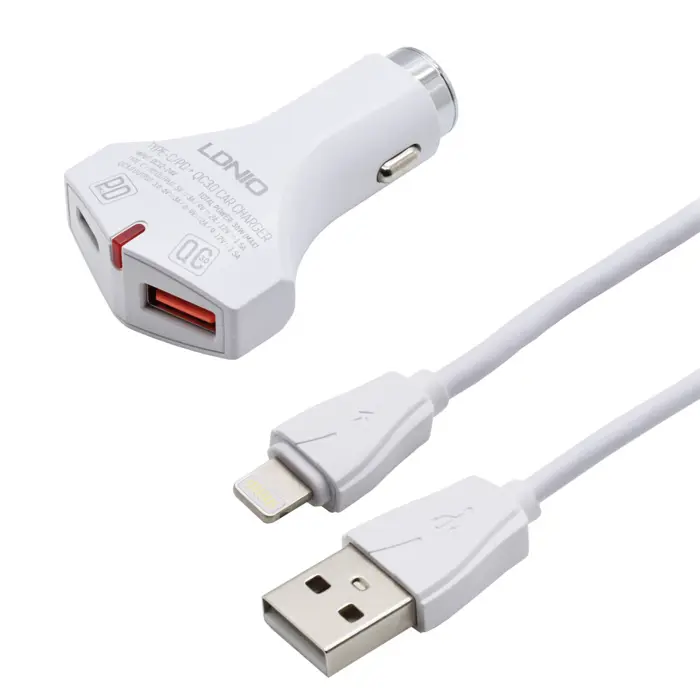 Auto punjač 2 u 1 LDNIO C60P PD USB + QC 3.0 36W + USB kabel na Lightning bijeli