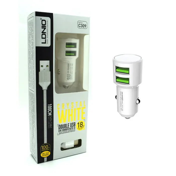 Auto punjač 2 u 1 LDNIO C309 2*USB(5V, 3.6 A) mikro bijeli