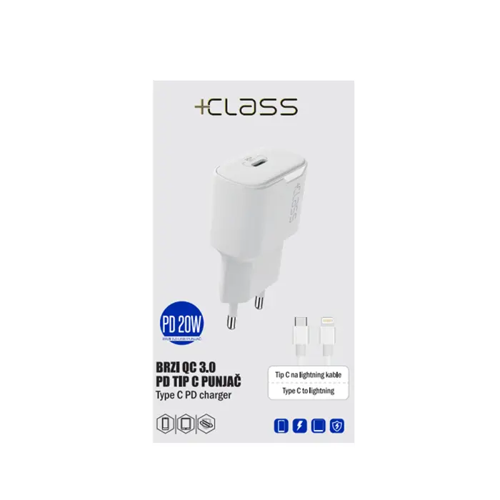 Kućni punjač +CLASS tip C 20W za iPhone 906 + tip C na Lightning bijeli