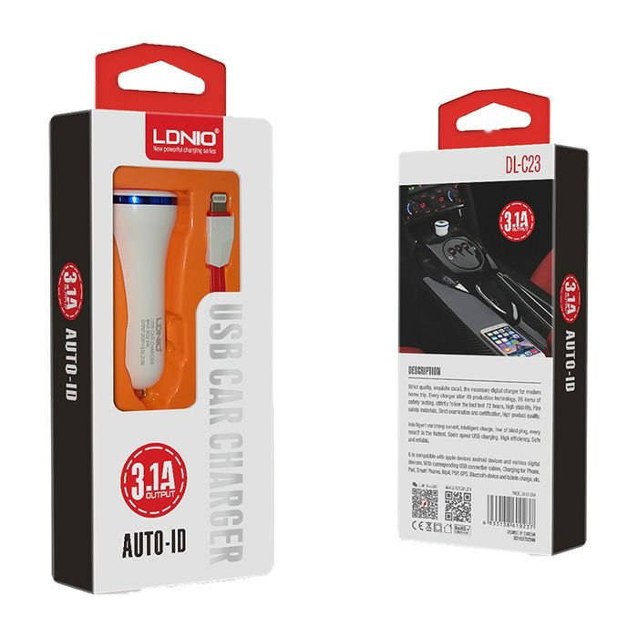Auto punjač 2 u 1 LDNIO DL-C23 2*USB 3.1 A IOS+kabel Lightning crni