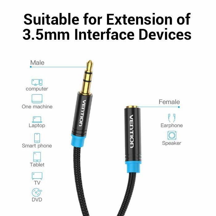 Audio kabel 3.5 mm muški na 3.5 mm ženski Vention pleteni VAB-B06-B500-M 5m crni